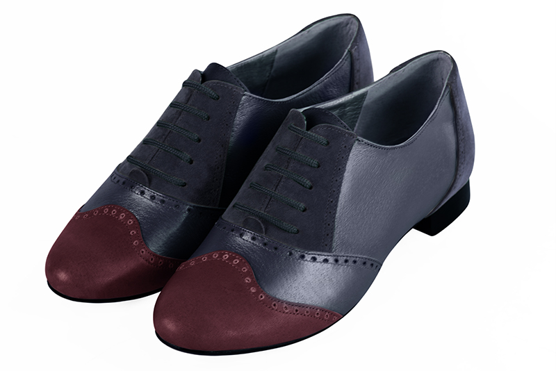 Burgundy red and denim blue women's fashion lace-up shoes. Round toe. Flat leather soles. Front view - Florence KOOIJMAN